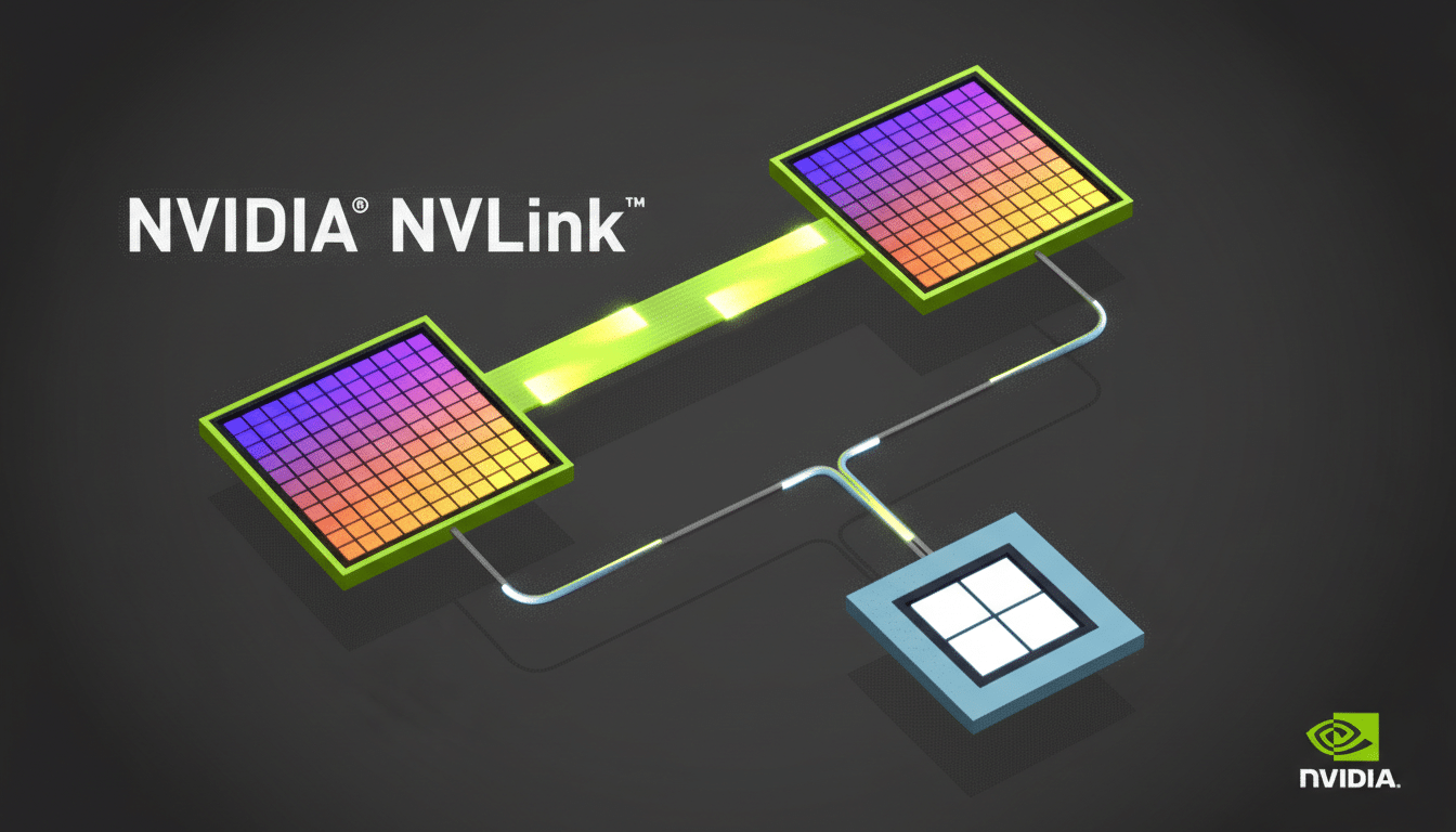 An image showcasing the NVIDIA NVLink technology, with two colorful GPU-like modules connected by a bright green link, and a smaller module connected to them by thin lines, all set against a dark gray background.