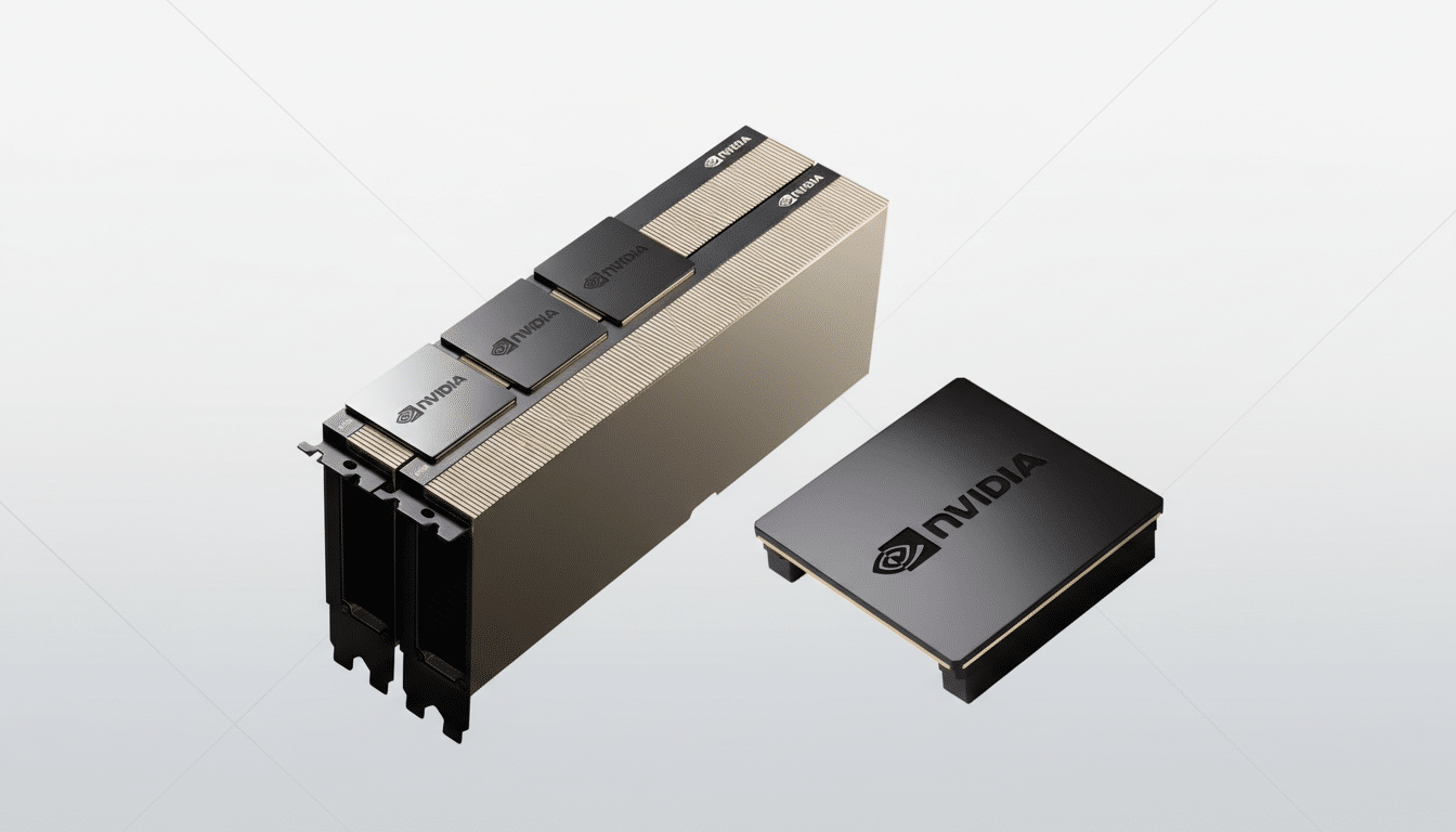 A professional, enhanced image of two NVIDIA computing units on a clean, light gray background with subtle geometric patterns, resized to a 16:9 aspect ratio.