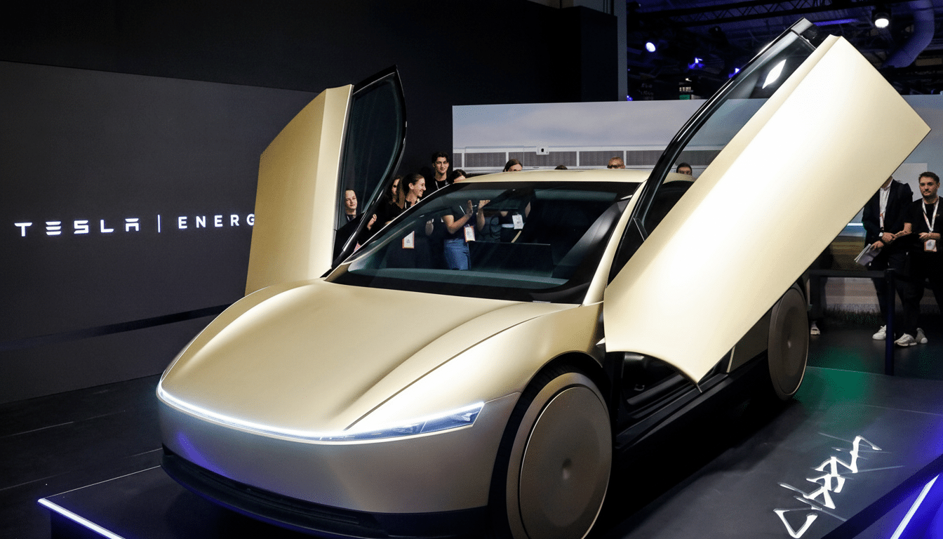 A gold Tesla car with its doors open, on display at an event.