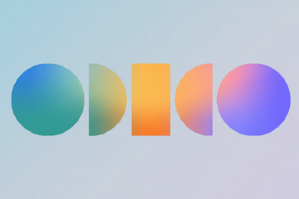A row of five abstract gradient shapes, including two full circles, two half-circles, and one rectangle, against a soft blue gradient background with a subtle grid pattern.