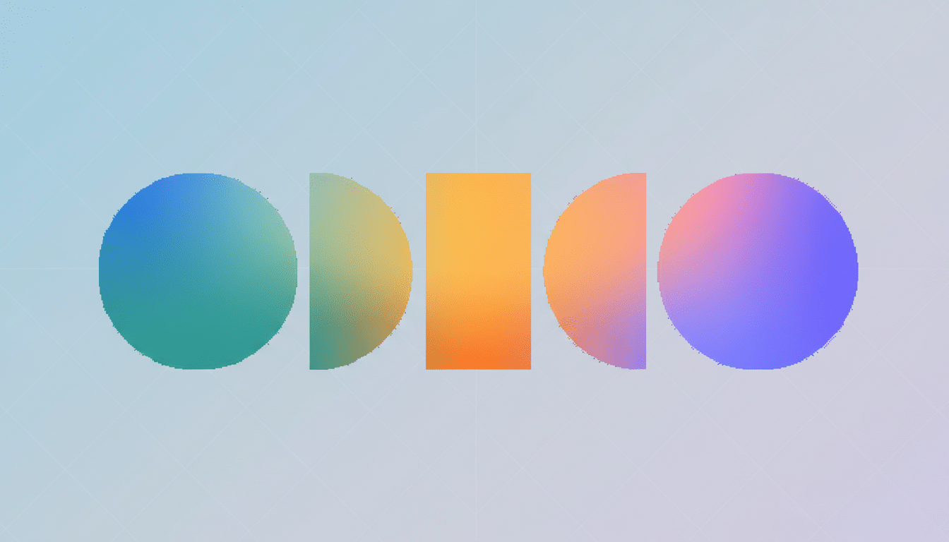 A row of five abstract gradient shapes, including two full circles, two half-circles, and one rectangle, against a soft blue gradient background with a subtle grid pattern.