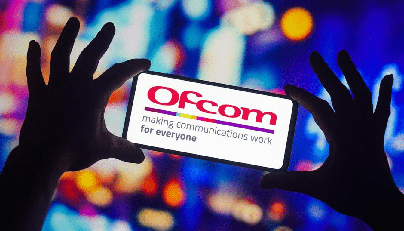 A pair of silhouetted hands holding a smartphone displaying the Ofcom logo and slogan making communications work for everyone against a blurred, colorful background.
