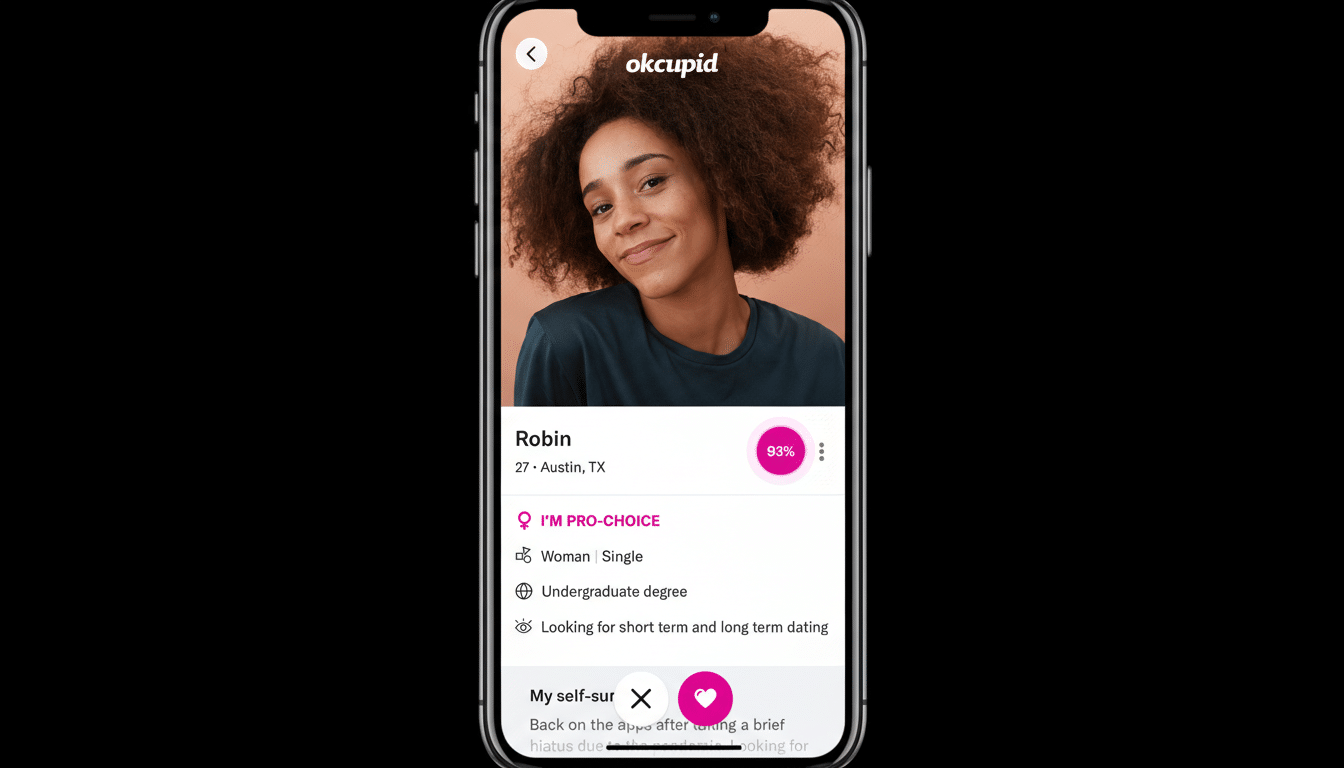 A smartphone displaying an OkCupid profile for a woman named Robin, resized to a 16:9 aspect ratio.