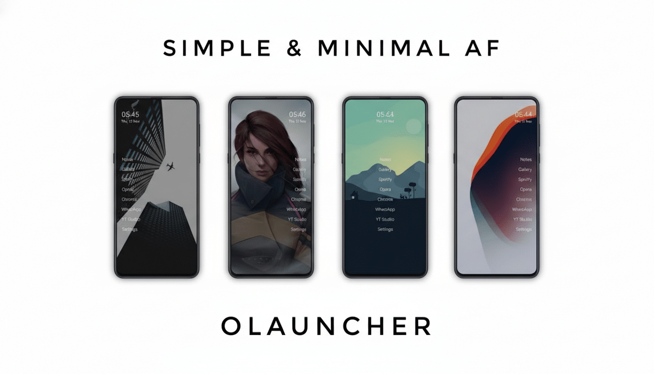Four smartphones displaying different minimalist home screen designs from the Olauncher app, with the text SIMPLE & MINIMAL AF and OLAUNCHER above and below them.