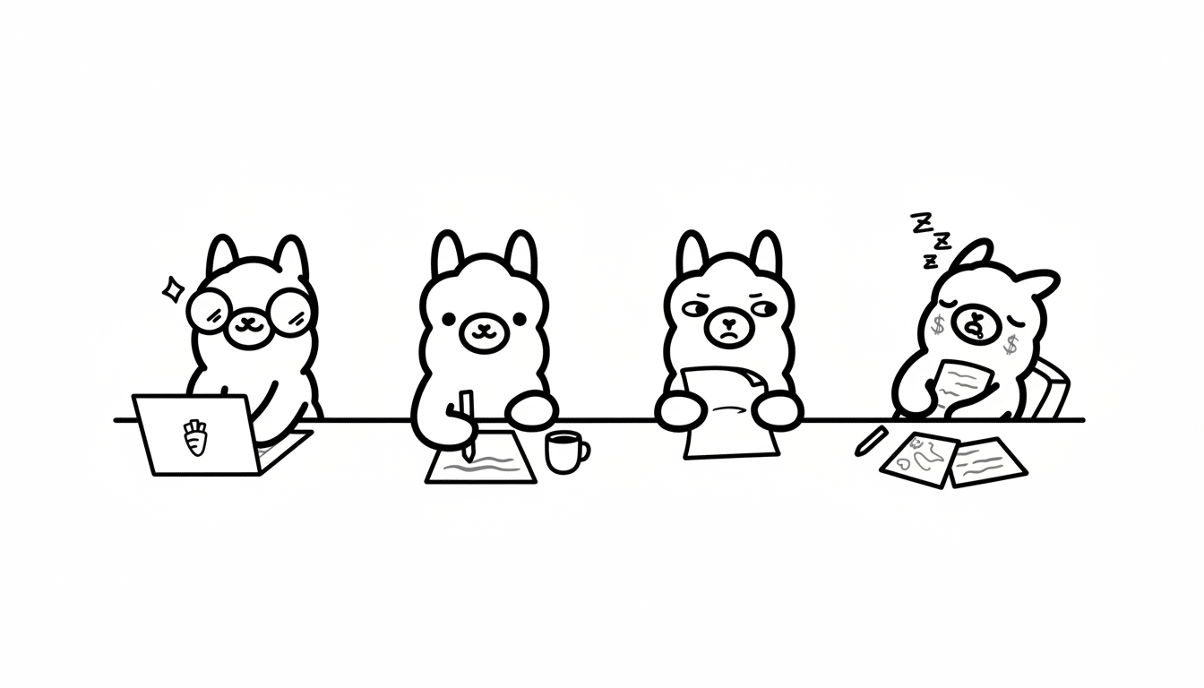 Four cartoon alpacas at a desk, one working on a laptop, one drawing, one looking confused, and one sleeping.