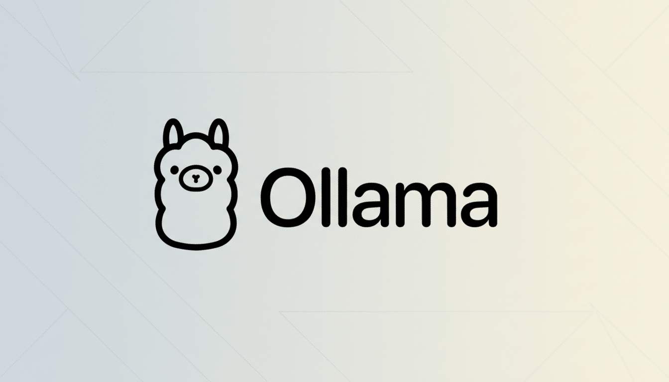 The Ollama logo, featuring a stylized black outline of a llamas head next to the word Ollama in black text, presented on a professional 16:9 aspect ratio background with a subtle light gray and cream gradient and faint geometric patterns.