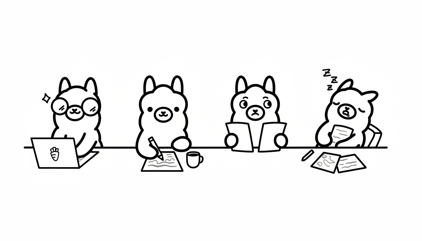 Four cartoon alpacas at a desk, one working on a laptop, one drawing, one reading, and one sleeping.