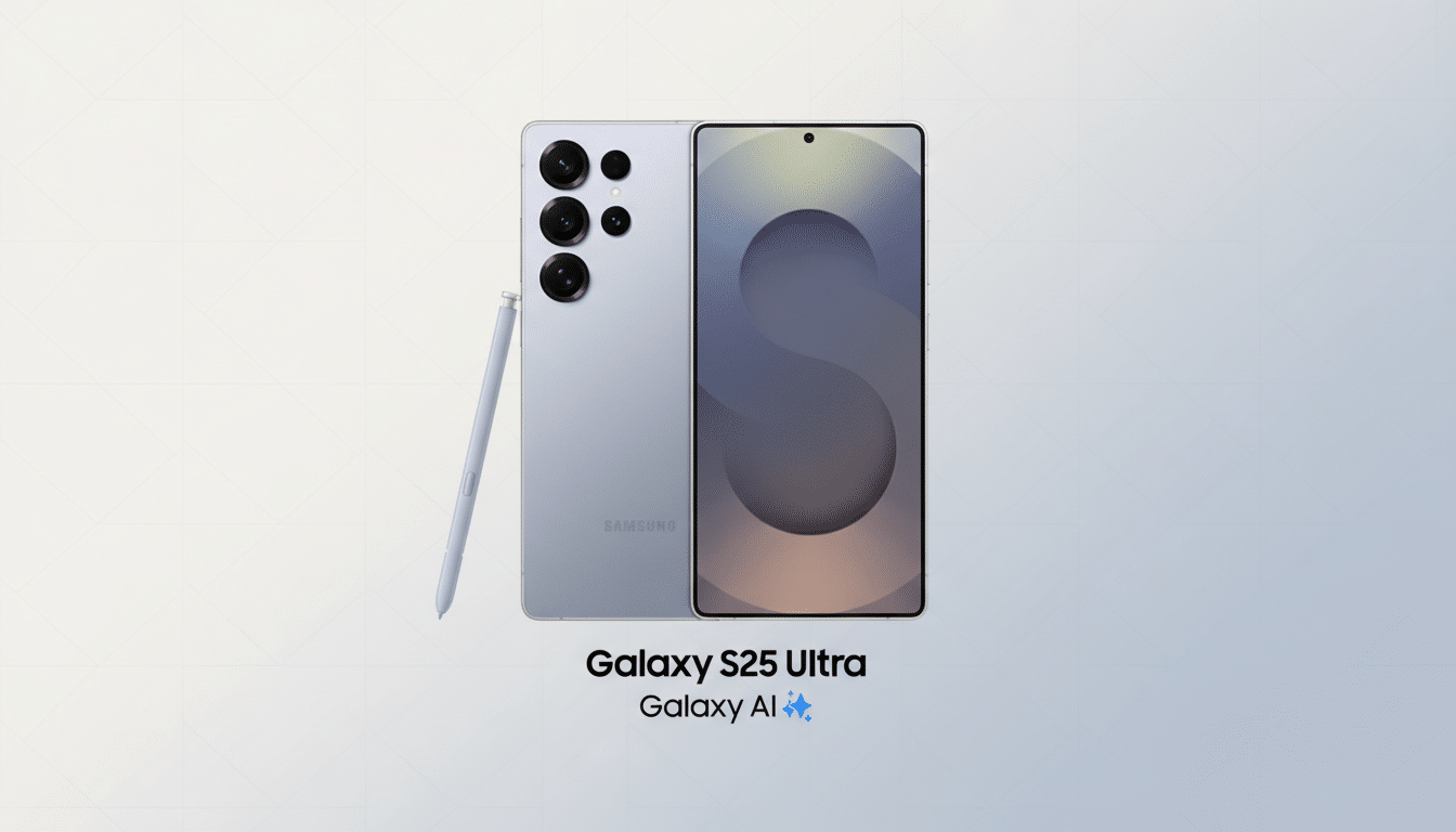 A Samsung Galaxy S25 Ultra phone in a light purple color, shown from the front and back, with a matching stylus next to it. The phone is centered on a light gray background with a subtle geometric pattern. Below the phone, the text Galaxy S25 Ultra and Galaxy AI ✨ is displayed.