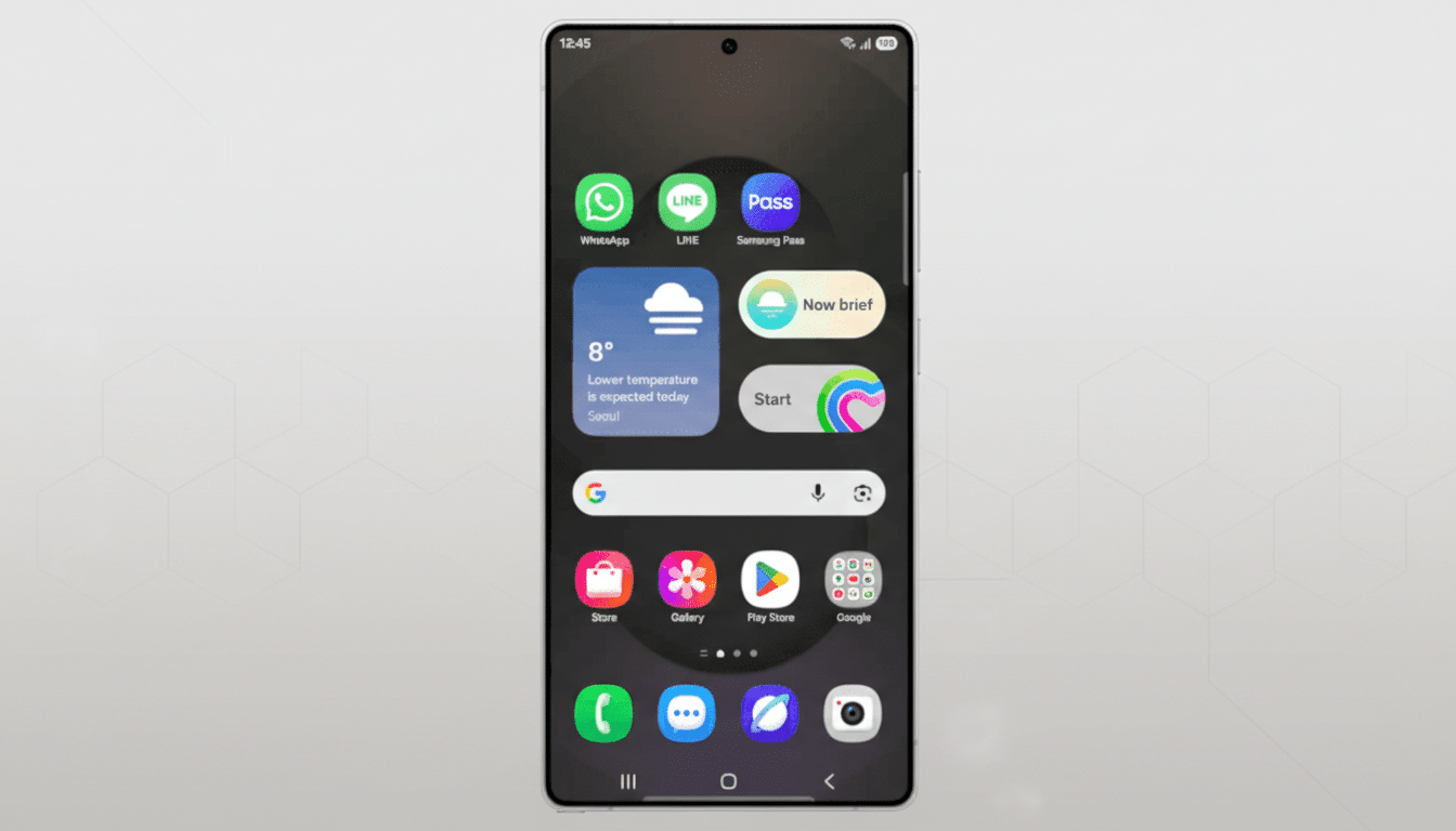 A Samsung smartphone displaying its home screen with various app icons and widgets, set against a professional flat design background with a subtle hexagonal pattern.