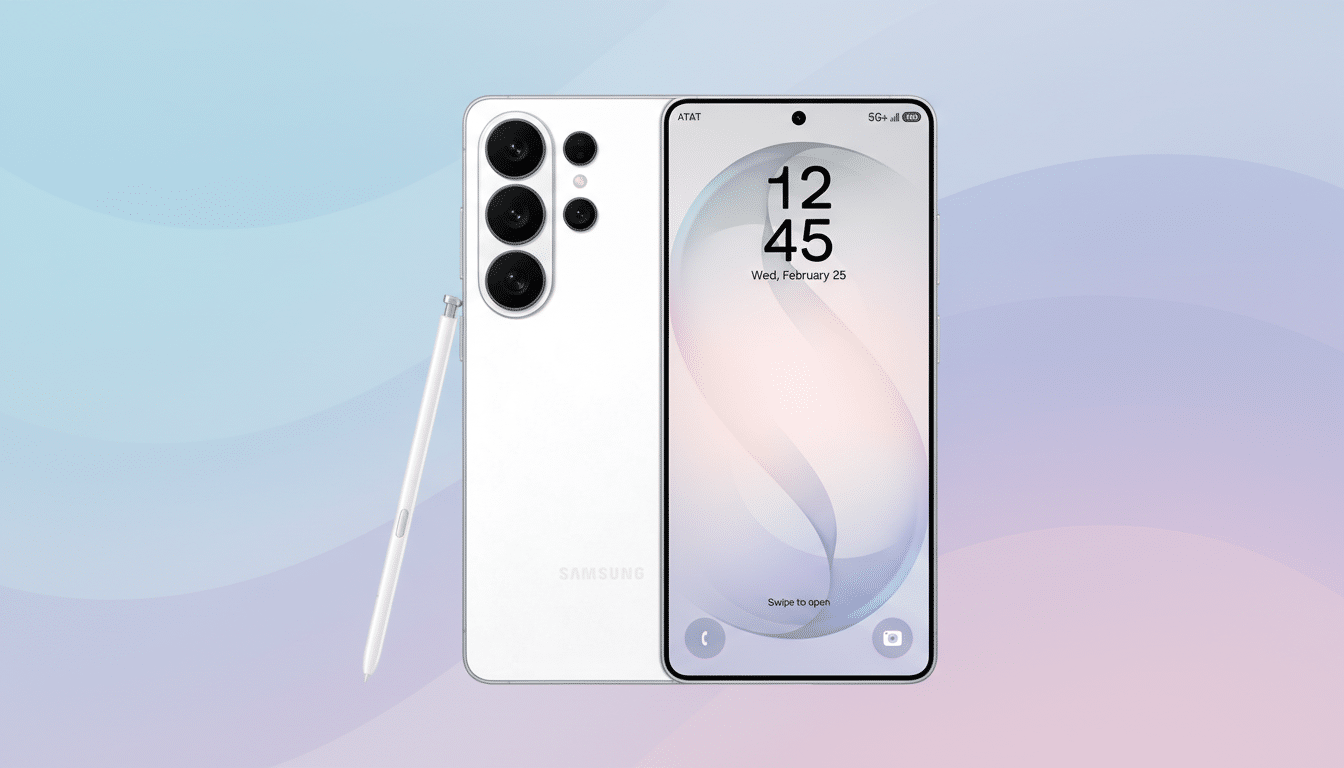 A white Samsung smartphone and its stylus are presented against a soft, gradient background of light blue and purple, with the phones screen displaying the time and date.