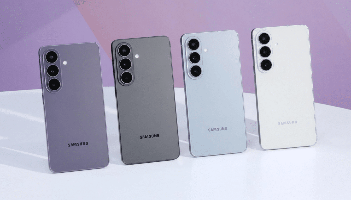 Four Samsung Galaxy S23 smartphones in different colors (lavender, gray, light blue, and white) are displayed on a white surface with a purple background.