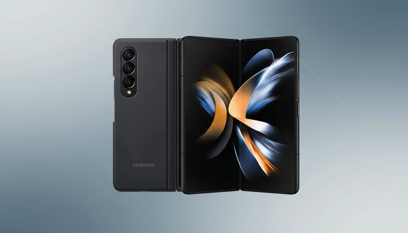 A black Samsung Galaxy Z Fold 4 smartphone, with its back visible on the left and its unfolded screen displaying a colorful abstract wallpaper on the right, set against a professional flat design background with soft patterns and gradients.