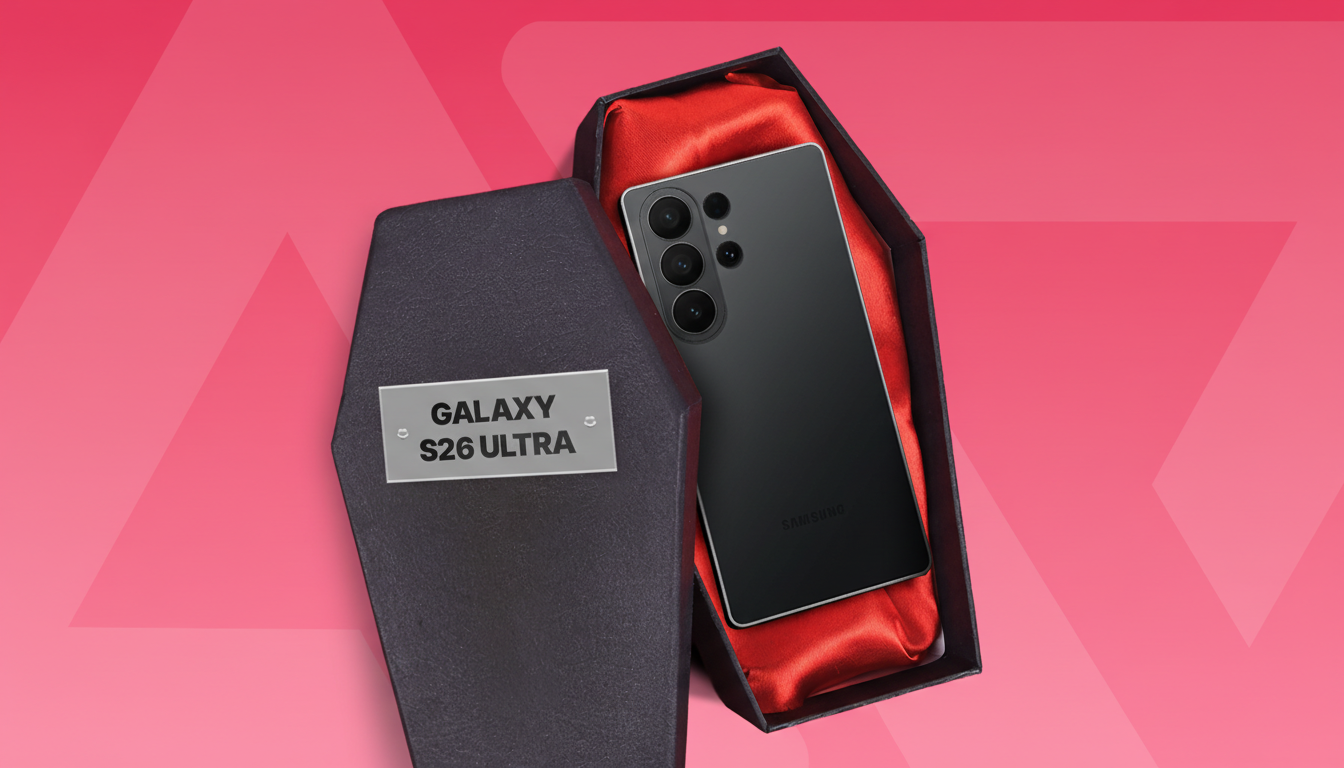 A black smartphone, labeled SAMSUNG, rests inside a miniature black coffin lined with red satin. The coffin lid, partially open, displays a silver plaque engraved with GALAXY S26 ULTRA. The background is a vibrant pink with subtle geometric patterns.