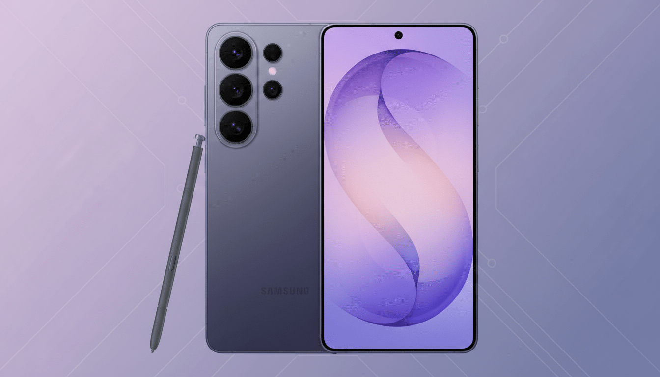 A purple smartphone with a stylus, presented on a professional flat design background with soft patterns and gradients.
