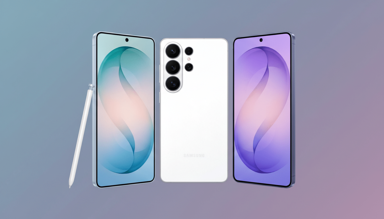 A white Samsung smartphone is displayed from three angles: front, back, and front with a stylus. The background is a professional flat design with soft gradients.