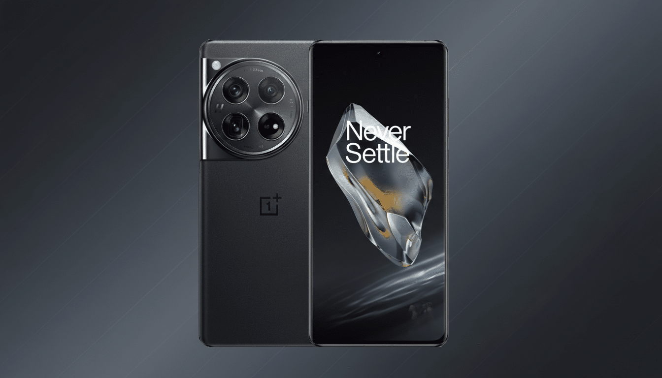 A black OnePlus smartphone with a large circular camera module on the back and the screen displaying Never Settle with a crystal-like graphic, presented on a professional dark gray gradient background.