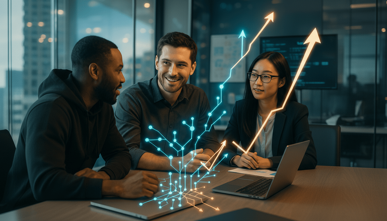 Three professionals, two men and one woman, are seated at a table with a laptop, engaged in discussion. A glowing blue and orange network graphic with upward-trending arrows is superimposed over the scene, suggesting growth and connectivity.