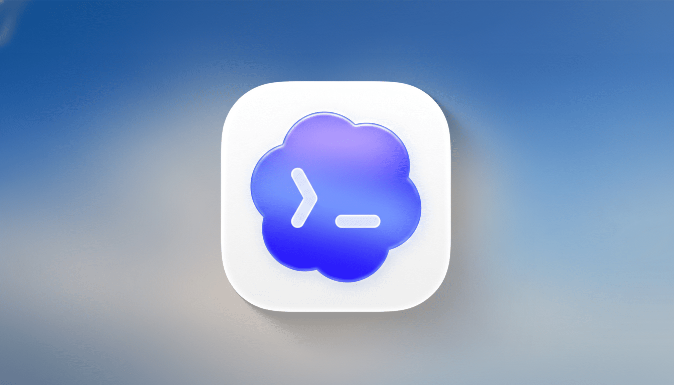 A 16:9 aspect ratio image featuring a white square icon with rounded corners. Inside, a purple cloud shape contains a white greater-than symbol and a white dash, resembling a command prompt. The background is a soft gradient of blue and grey.