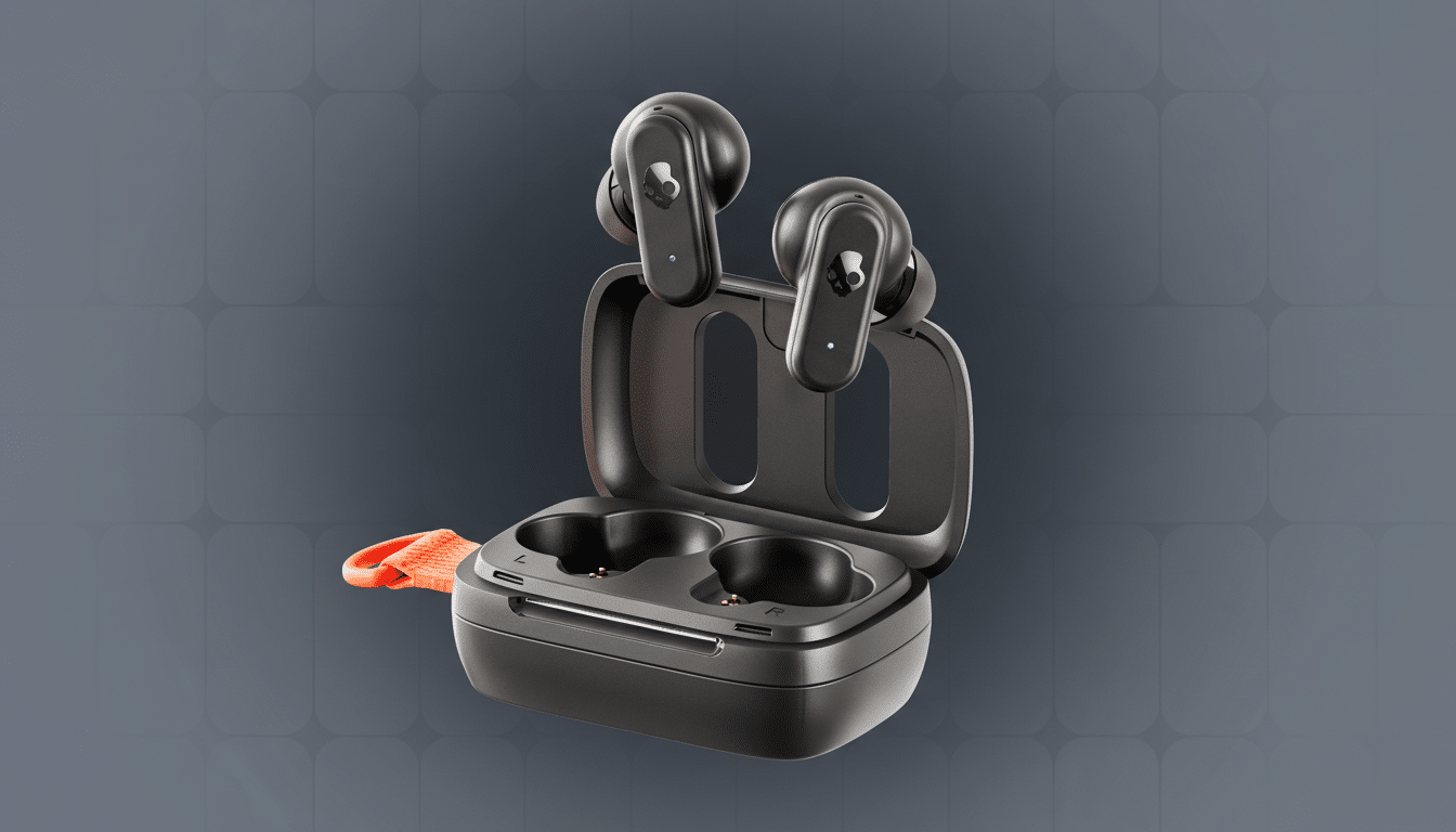 A pair of black Skullcandy wireless earbuds in their open charging case, presented on a professional flat gray background with subtle patterns.
