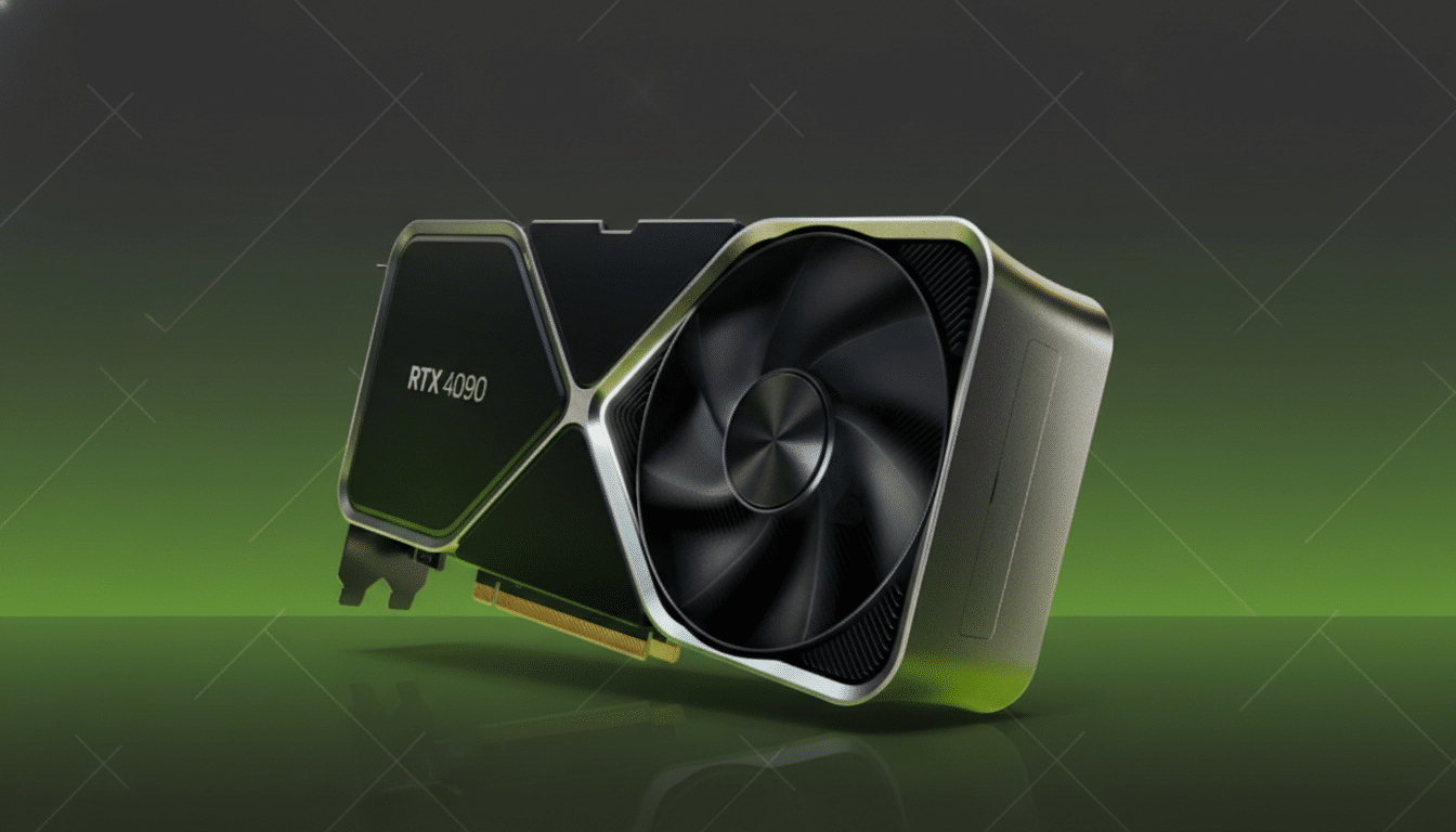 A professional, enhanced image of an RTX 4090 graphics card, presented on a dark green background with subtle geometric patterns and a soft gradient, maintaining a clean and professional aesthetic.