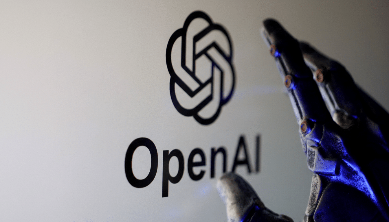 The OpenAI logo and name are displayed on a screen, with a robotic hand reaching towards it.