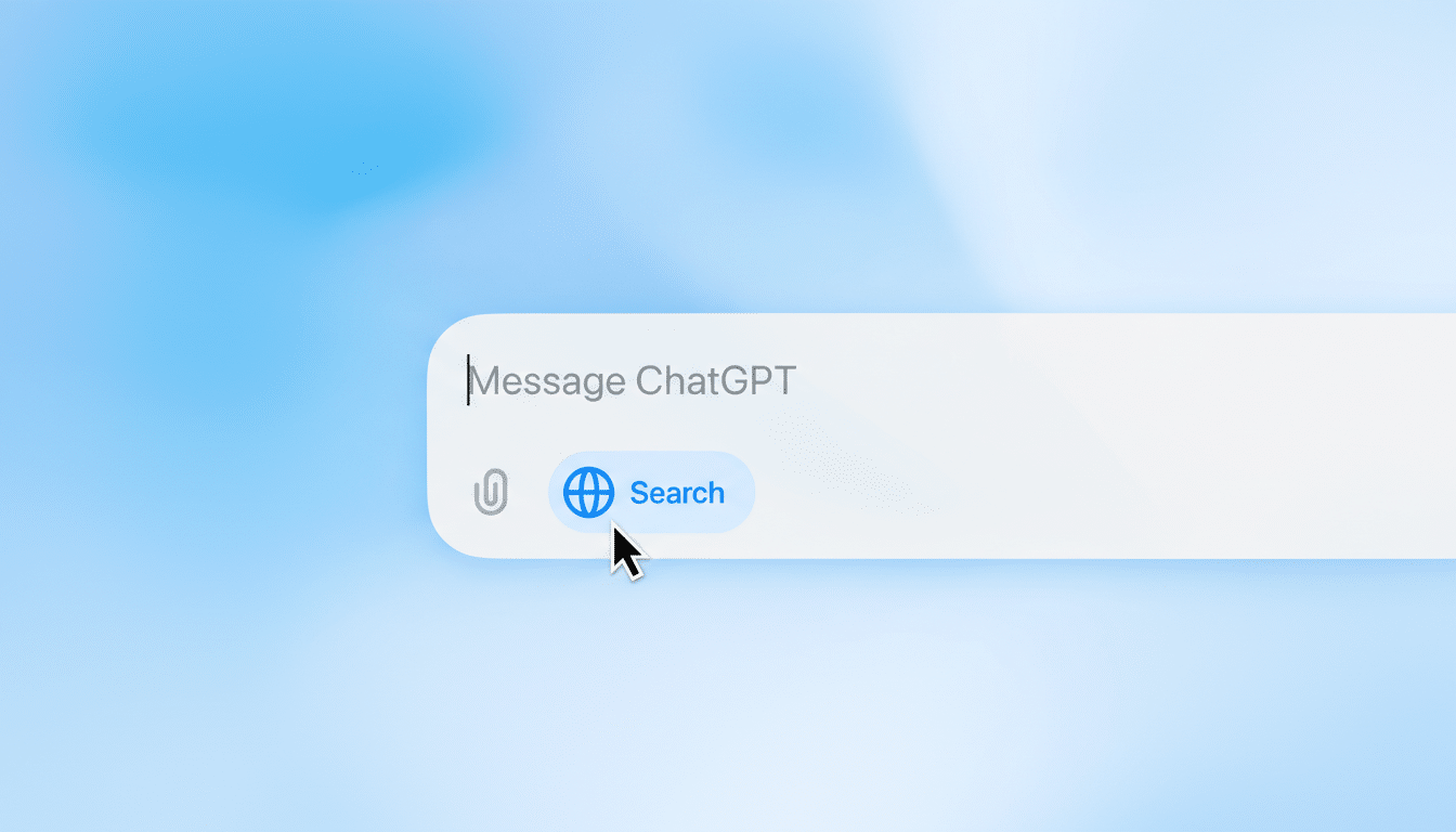 A close-up of a message input field with Message ChatGPT as a placeholder, and a Search button with a globe icon, all set against a soft blue background.