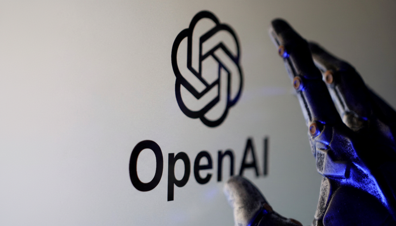 The OpenAI logo and name are displayed on a screen, with a robotic hand reaching towards it.