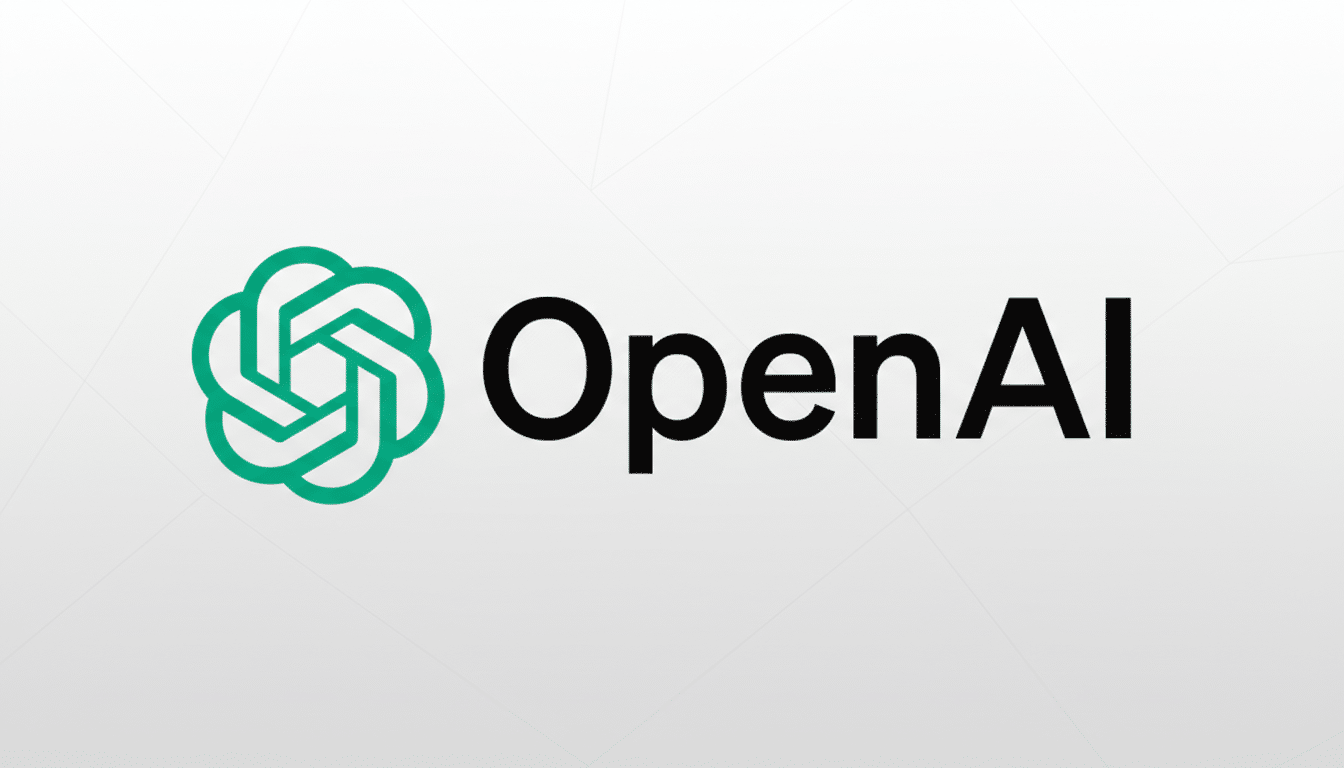 The OpenAI logo, featuring a green stylized knot icon to the left of the black text OpenAI, presented on a light grey background with subtle geometric patterns.