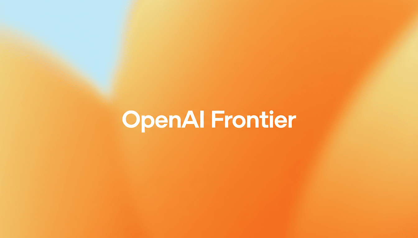 The text OpenAI Frontier is displayed in white against a blurred background of warm orange and light blue hues.