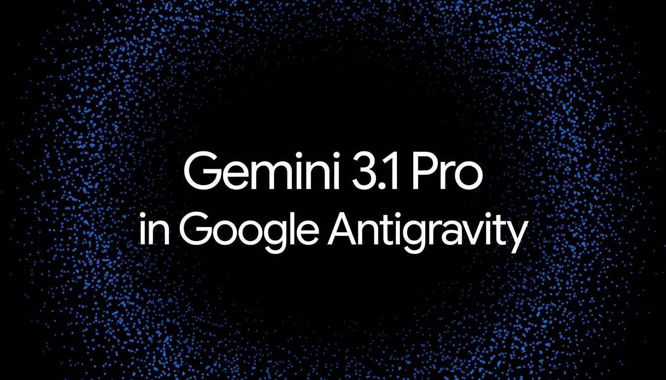 The text Gemini 3.1 Pro in Google Antigravity is displayed in white against a black background with a pattern of small blue dots.