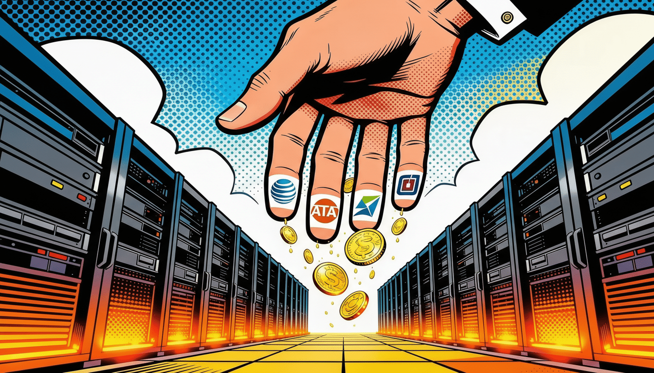 A large hand with logos on its fingertips dropping gold coins into a server room, resized to a 16:9 aspect ratio.