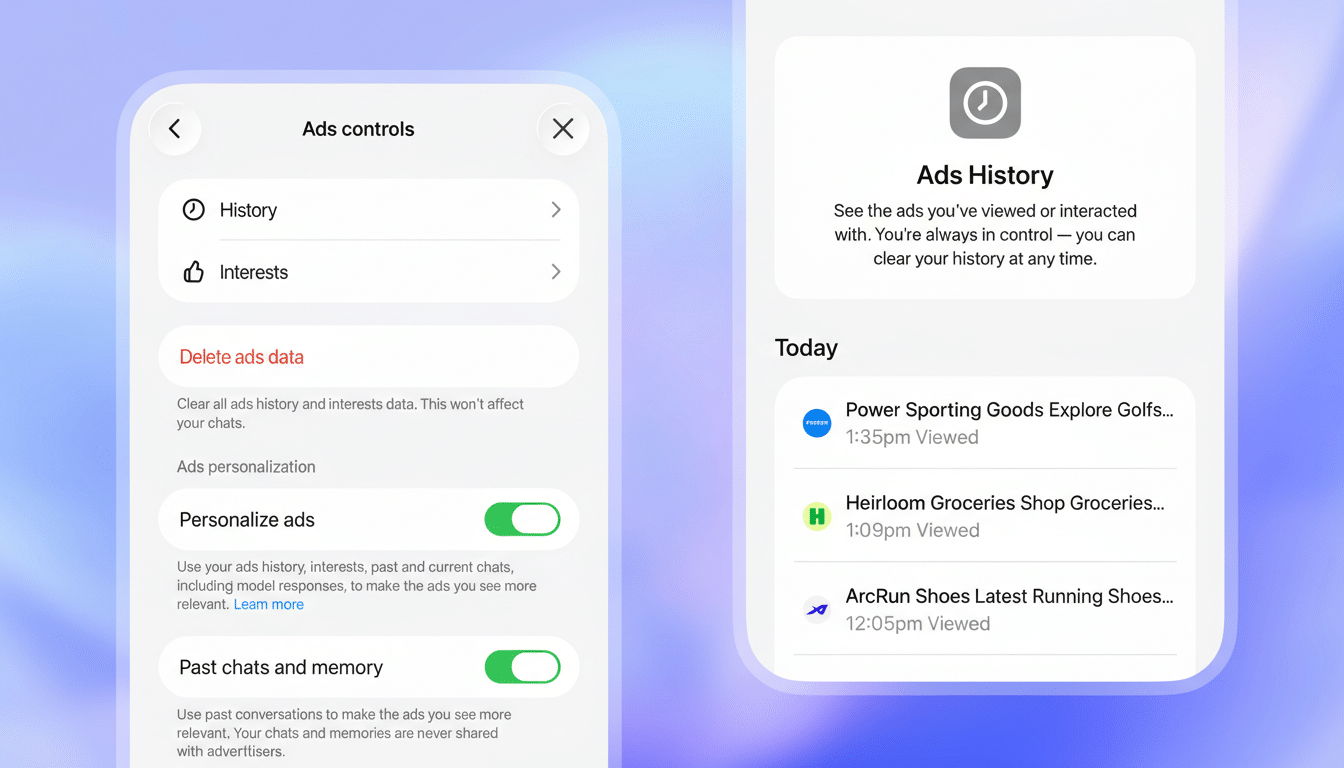 A screenshot of a mobile applications Ads controls and Ads History screens, showing options to manage ad personalization and view past ad interactions.