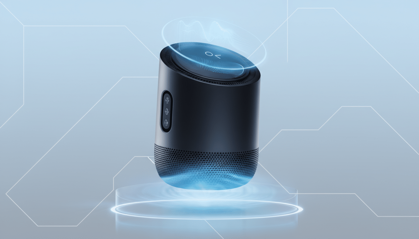 A black smart speaker with a glowing blue base and a holographic sound wave display on top, set against a professional light blue background with subtle geometric patterns.