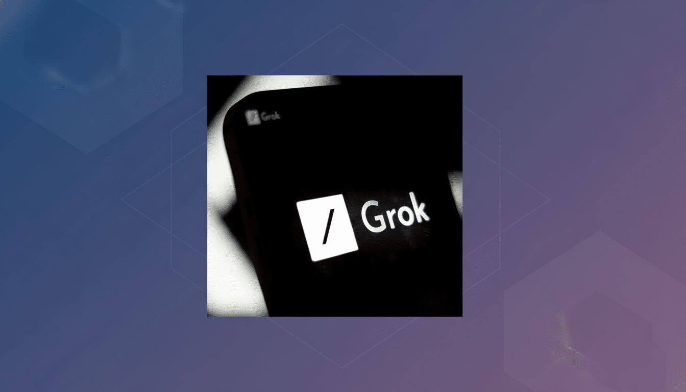The Grok AI logo is displayed on a smartphone screen, with a blurred X logo in the background. The image is set against a professional flat design background with soft patterns and gradients.