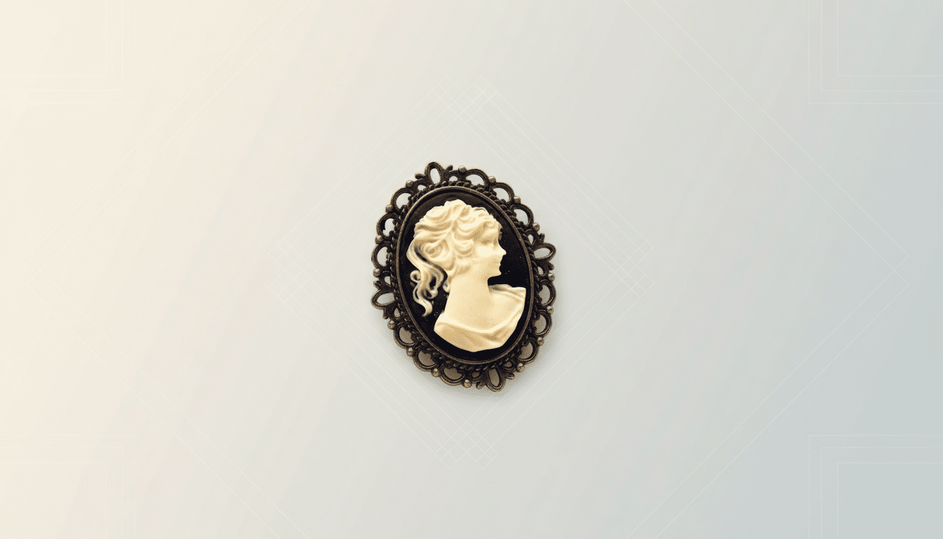 A cameo brooch featuring a cream-colored profile of a woman on a black oval, set in an ornate bronze frame, presented on a professional flat design background with soft patterns and gradients.
