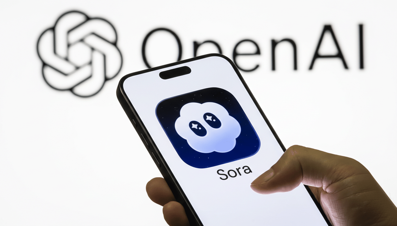 A hand holding a smartphone displaying the Sora app icon, with the OpenAI logo visible in the background.