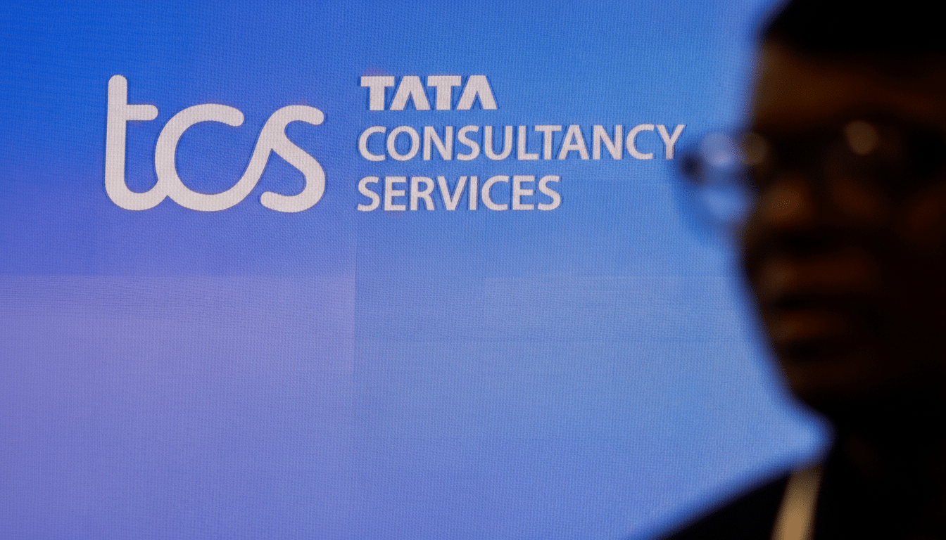 A 16:9 aspect ratio image showing the Tata Consultancy Services (TCS) logo on a blue background, with a blurred silhouette of a person in the foreground on the right.