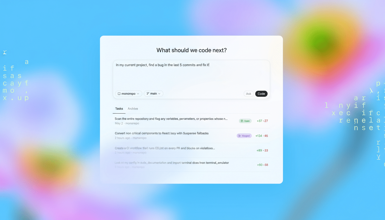 A professional, enhanced image of a coding interface with a 16:9 aspect ratio. The interface displays a task list under the heading What should we code next?. The background features a soft, abstract gradient with blurred text elements, maintaining a clean and professional presentation.
