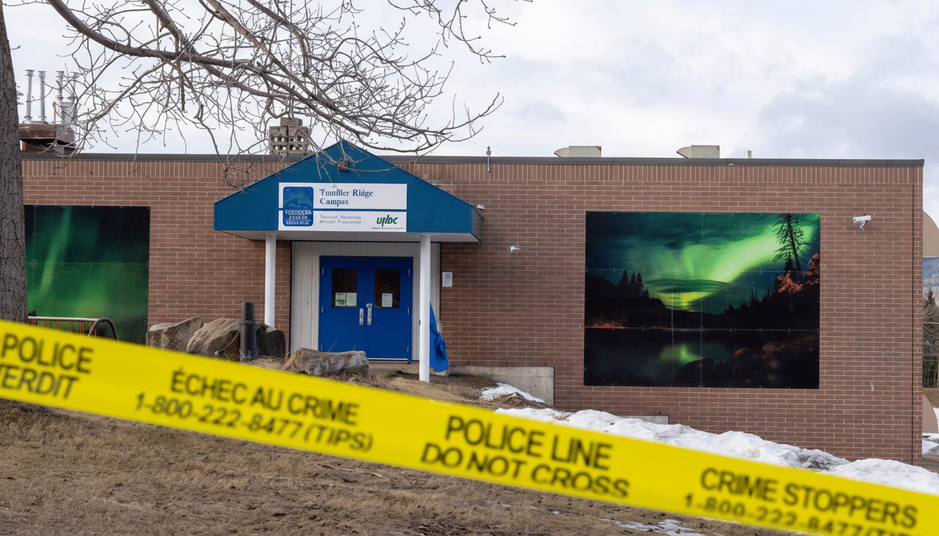 A brick building with a blue entrance and two large murals depicting the Northern Lights, with yellow POLICE LINE DO NOT CROSS tape in the foreground.