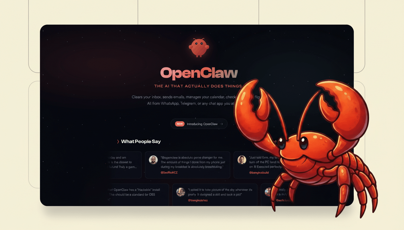 A screenshot of the OpenClaw website, featuring a cartoon red crab mascot. The website has a dark background with text and user testimonials. The image has been resized to a 16:9 aspect ratio.