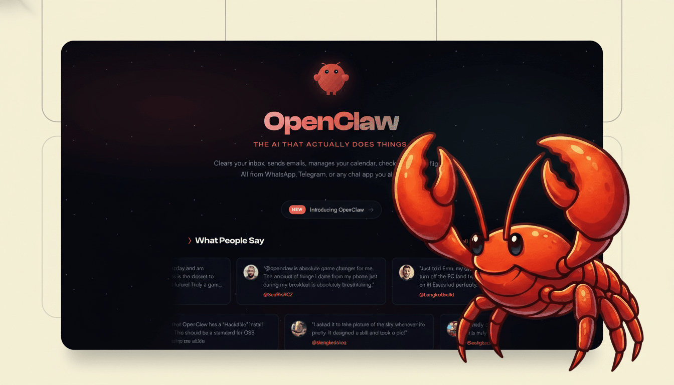 A professional, enhanced image of the OpenClaw website, featuring a red crab mascot and testimonials, resized to a 16:9 aspect ratio.