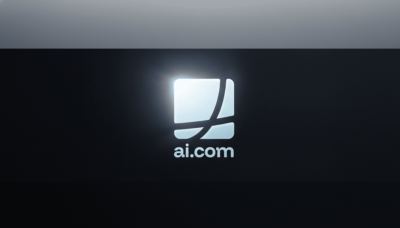 The ai.com logo, a stylized white square with a curved line through it, and the text ai.com below it, set against a dark background with a subtle light source behind the logo. The image has been resized to a 16:9 aspect ratio.