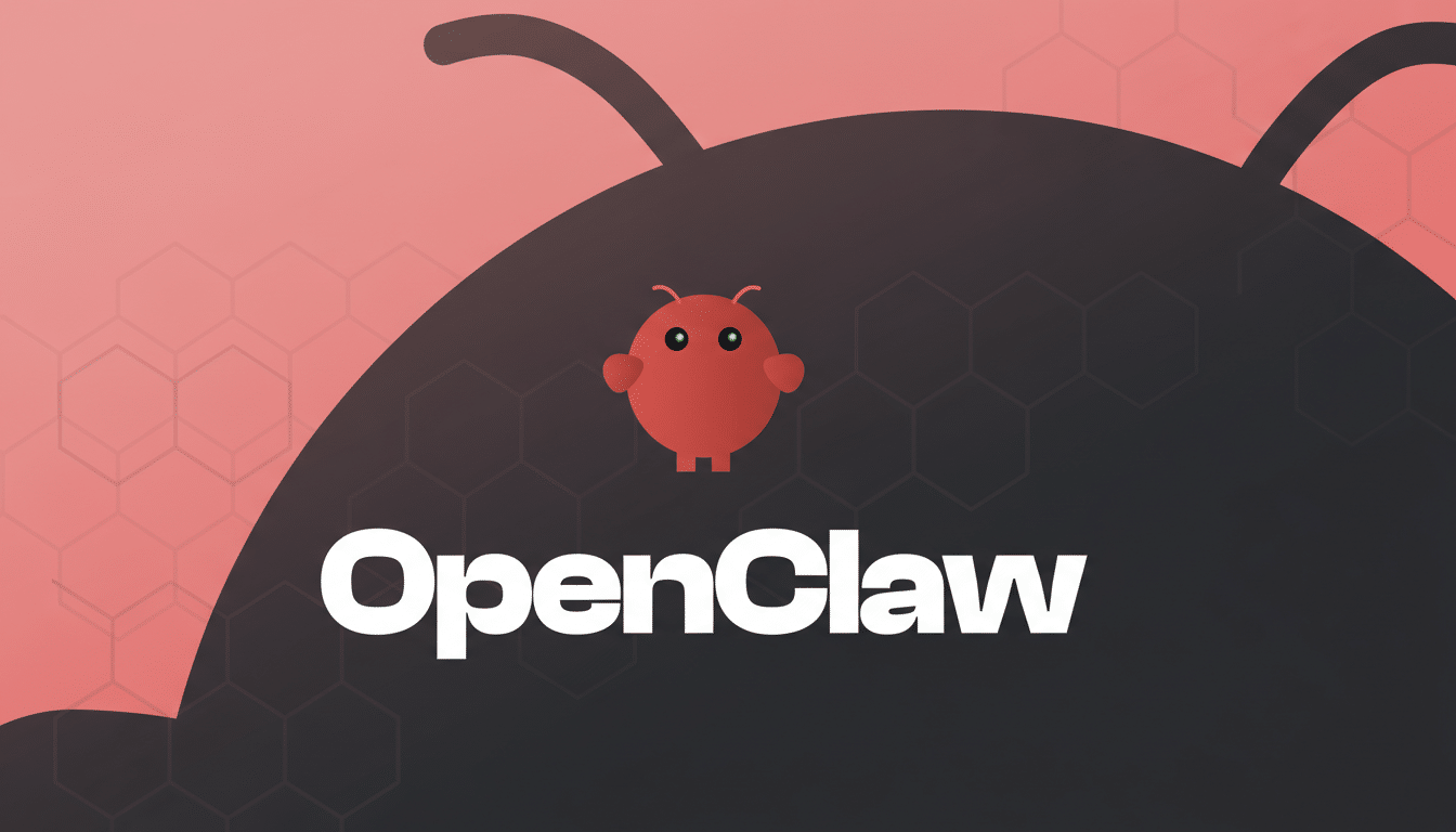 The OpenClaw logo, featuring a small red bug-like creature and the word OpenClaw in white, set against a dark background with a subtle hexagonal pattern and a gradient of pink and black.