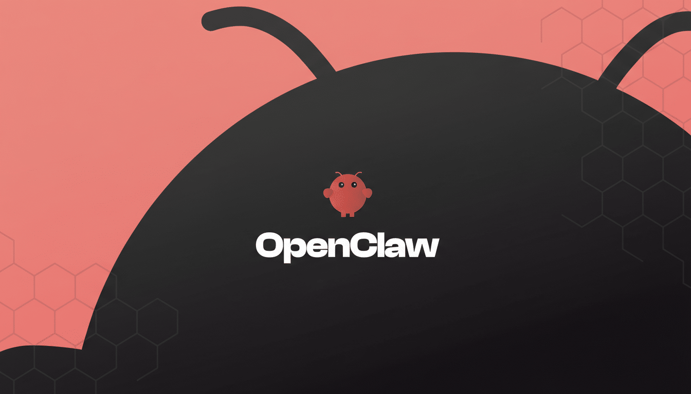 The OpenClaw logo, featuring a small red bug-like creature above the white text OpenClaw, set against a black and coral pink background with a subtle hexagonal pattern. The image is in a 16:9 aspect ratio.