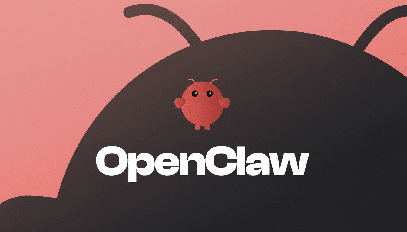 The OpenClaw logo, featuring a small red creature with large eyes and the word OpenClaw in white text, set against a black and pink background with a subtle hexagonal pattern.