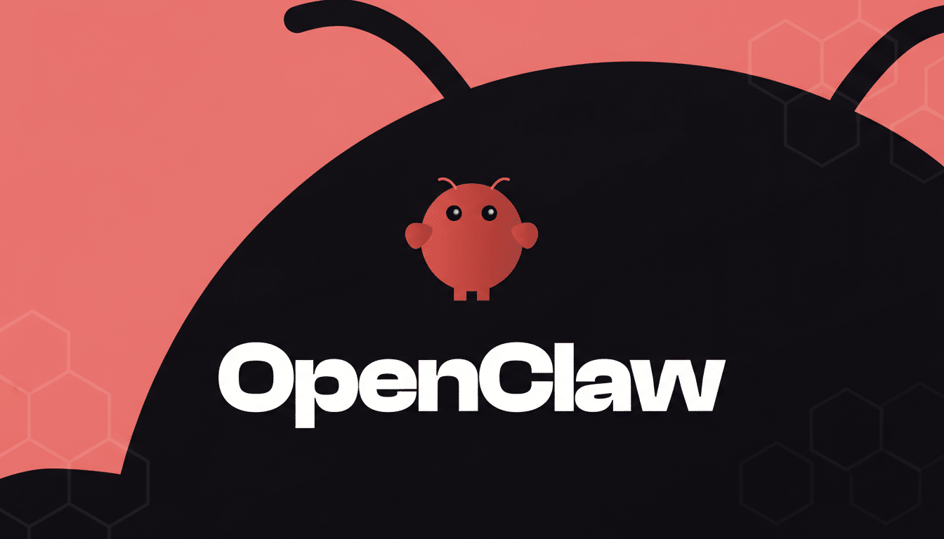 The OpenClaw logo, featuring a small red creature with large eyes and the word OpenClaw in white, set against a black and coral background with subtle hexagonal patterns.