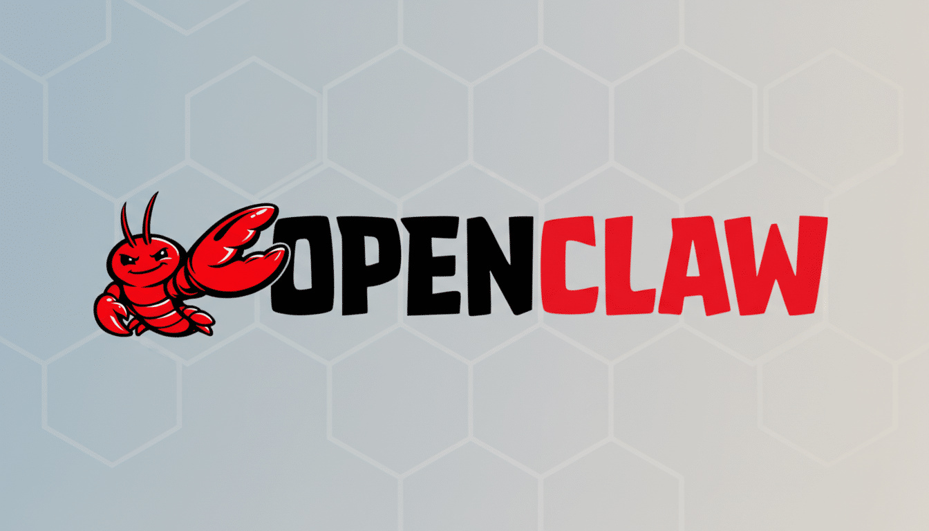The OpenClaw logo, featuring a red cartoon lobster next to the word OPENCLAW with OPEN in black and CLAW in red, set against a professional grey background with a subtle hexagonal pattern.