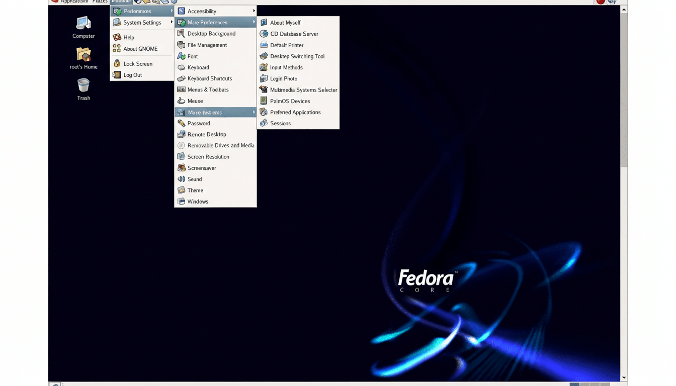 A screenshot of a Fedora Core desktop environment with the Desktop menu open, showing various preferences and system settings.