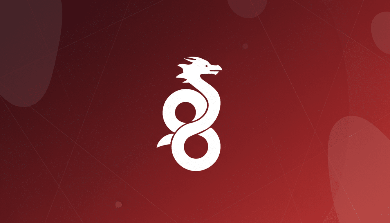 A white dragon logo with its body forming a figure-eight, set against a professional red background with subtle gradients and soft patterns.