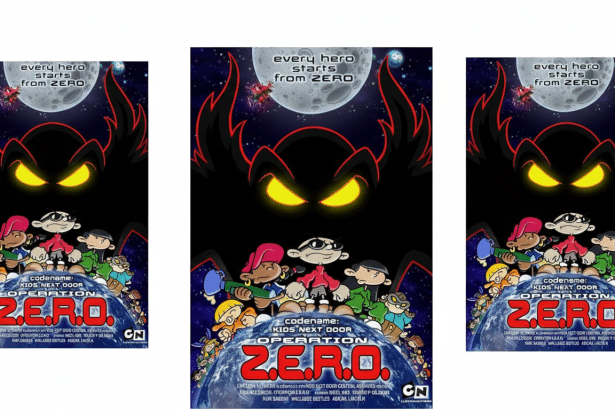A movie poster for Codename: Kids Next Door Operation Z.E.R.O. featuring the main characters on a planet with a large, shadowy figure with glowing yellow eyes above them, and a moon in the background.